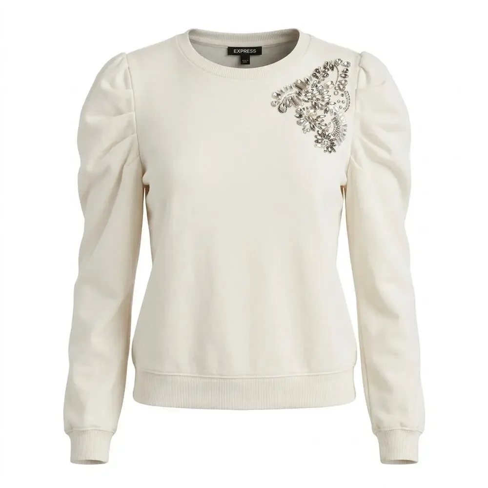 Express Puff Sleeve Rhinestone Beaded Shoulder Knit Sweater Women Size S
